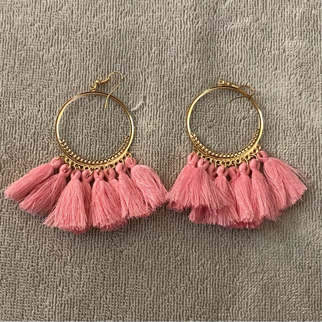 Pierced Dangle Tassel Earrings 3.5”L Gold Hoops Pink Tassels Boho Coquette New